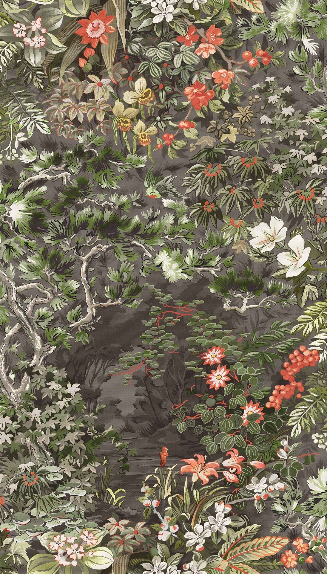Cole & Son Botanical - Botanica, Woodland, Coral & Olive on Soot