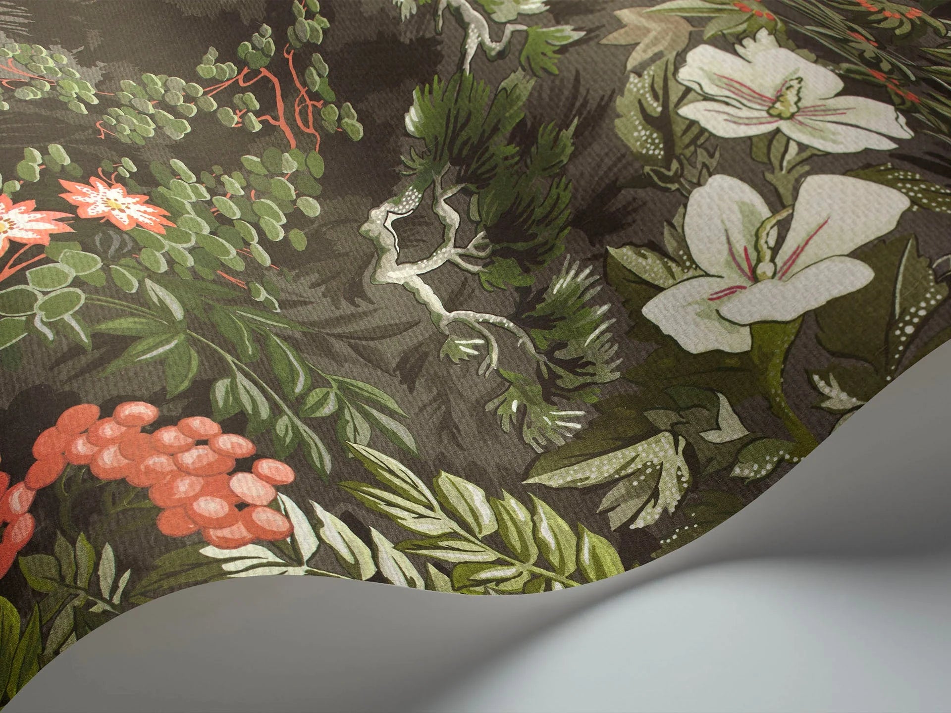 Cole & Son Botanical - Botanica, Woodland, Coral & Olive on Soot