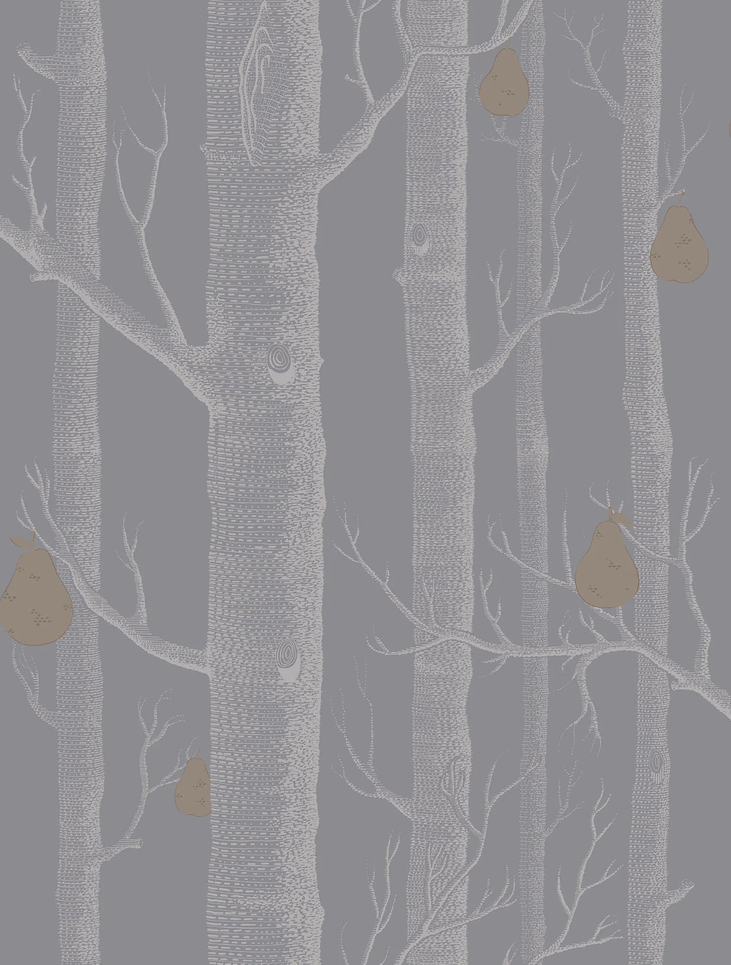 Cole & Son Contemporary Collection, Woods & Pears, Metallic Silver & Metallic Bronze on Lilac Grey