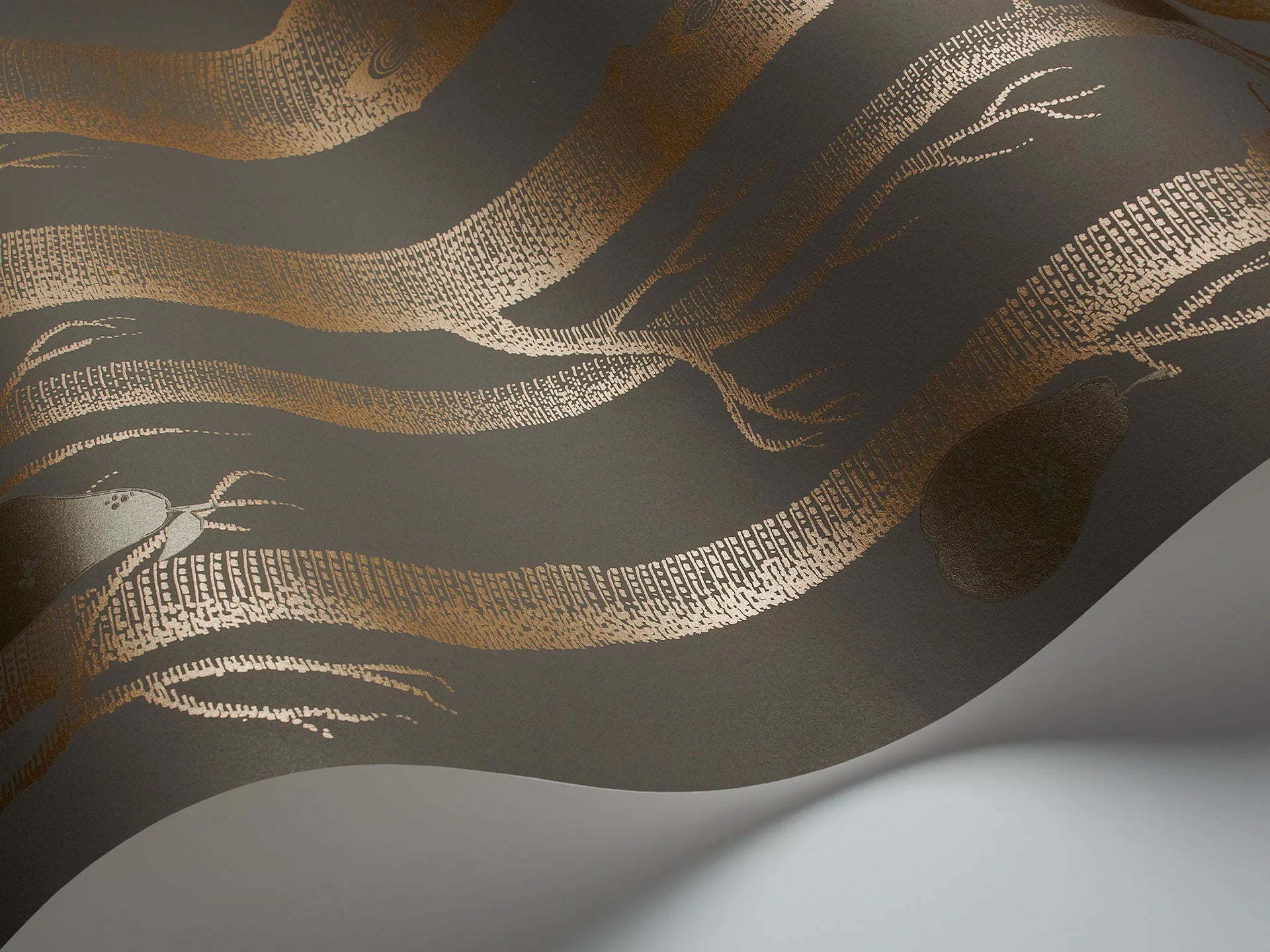 Cole & Son Contemporary Collection, Woods & Pears, Metallic Bronze on Charcoal