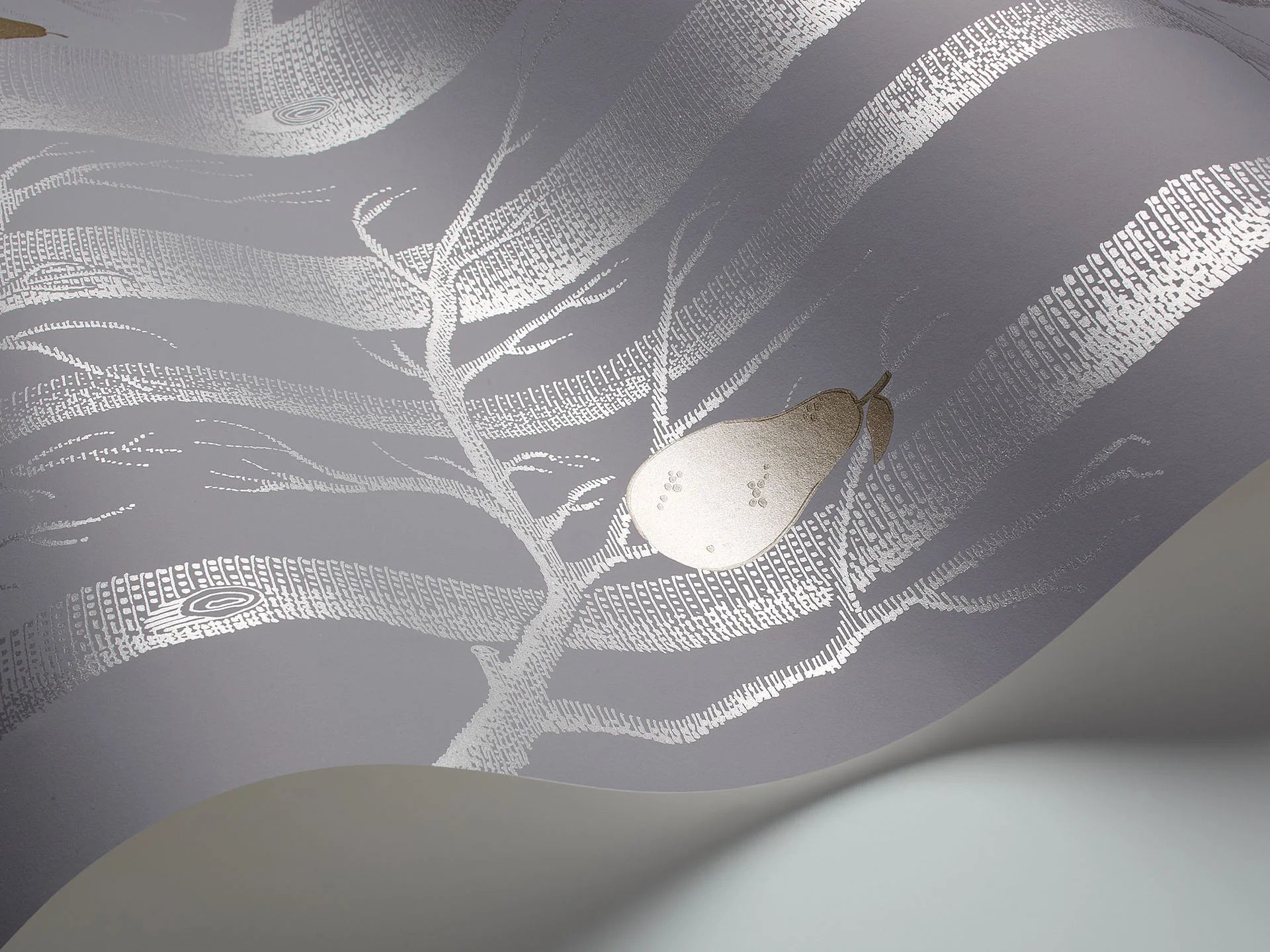 Cole & Son Contemporary Collection, Woods & Pears, Metallic Silver & Metallic Bronze on Lilac Grey