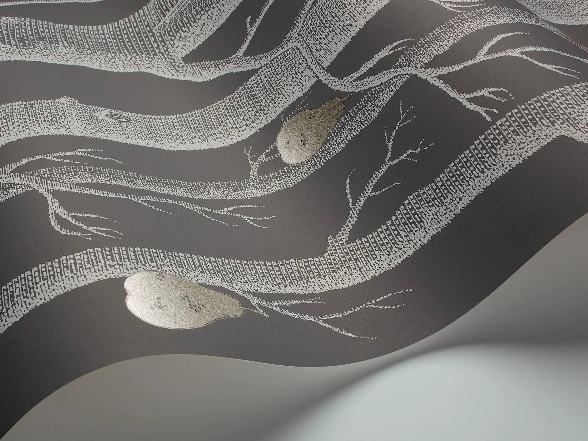 Cole & Son Contemporary Collection, Woods & Pears, White & Metallic Silver on Charcoal
