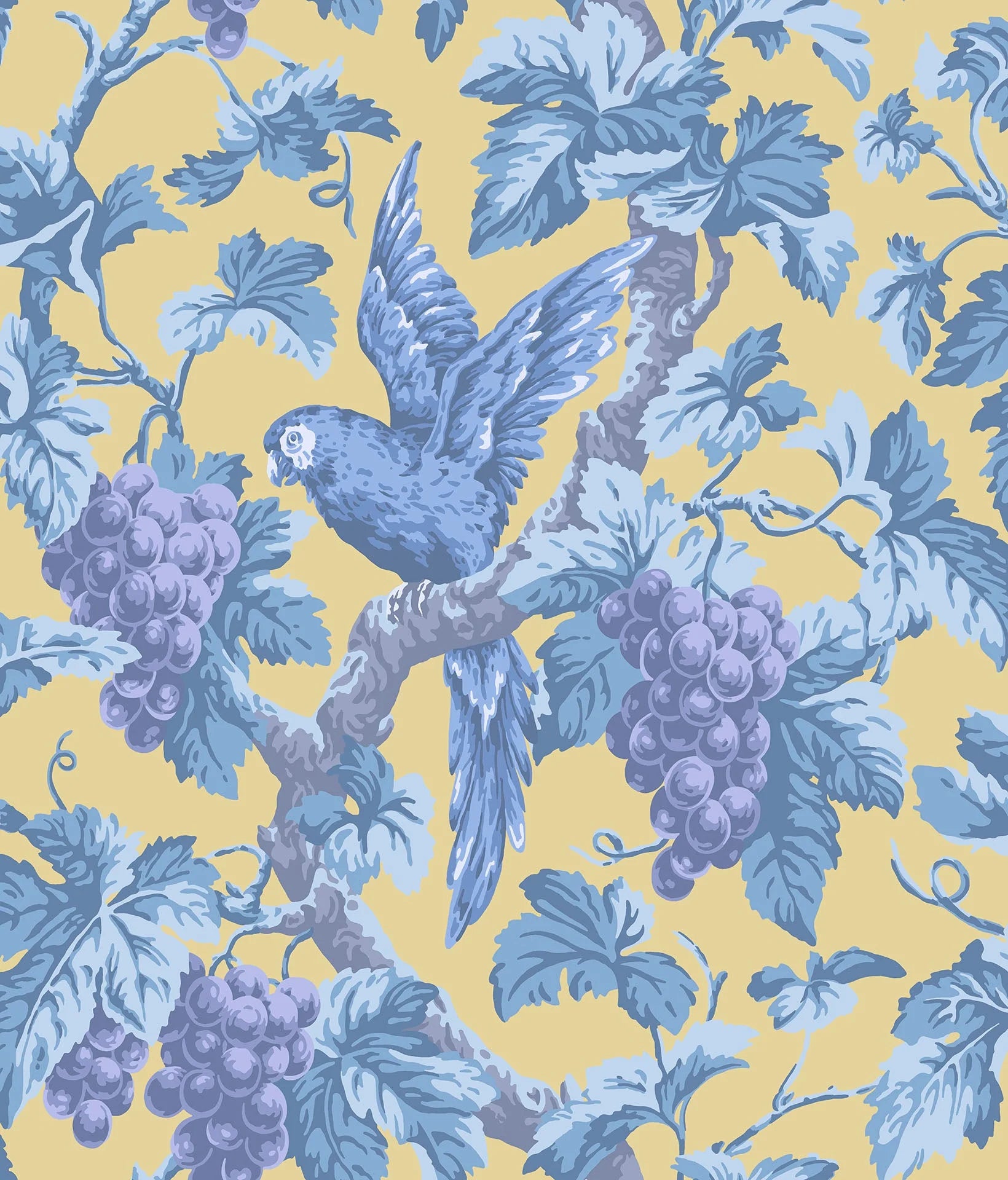 Cole & Son The Pearwood Collection.  Woodvale Orchard, Hyacinth, Lilac & China Blue on Ochre