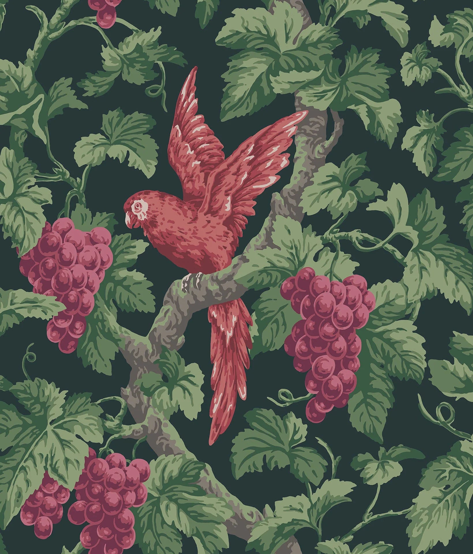 Cole & Son The Pearwood Collection.  Woodvale Orchard, Ruby, Rose & Olive Green on Charcoal