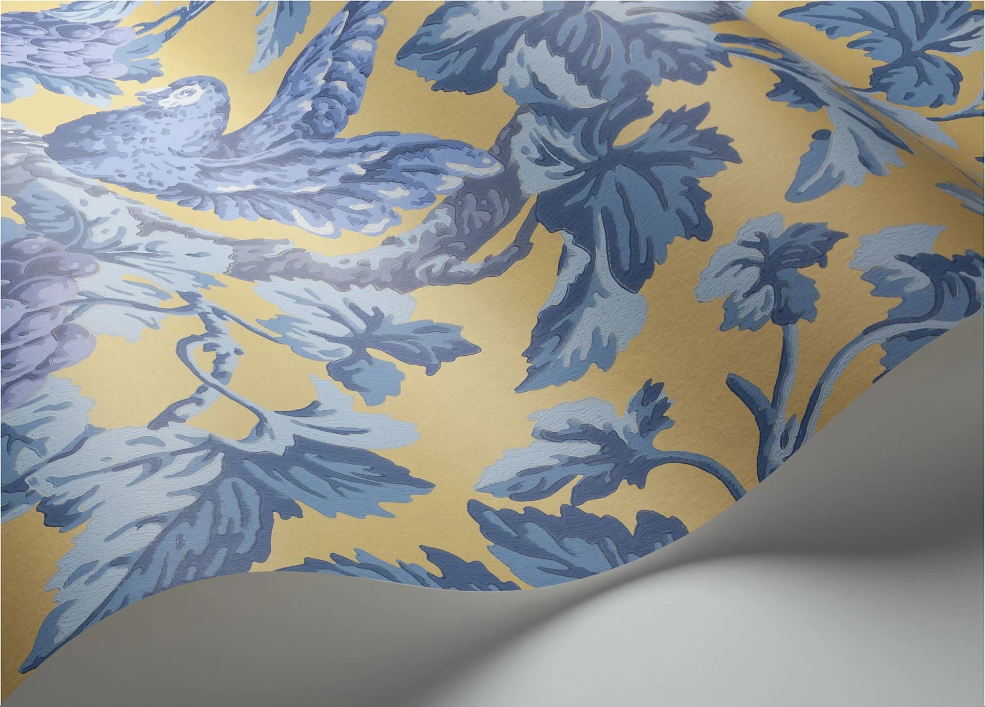 Cole & Son The Pearwood Collection.  Woodvale Orchard, Hyacinth, Lilac & China Blue on Ochre