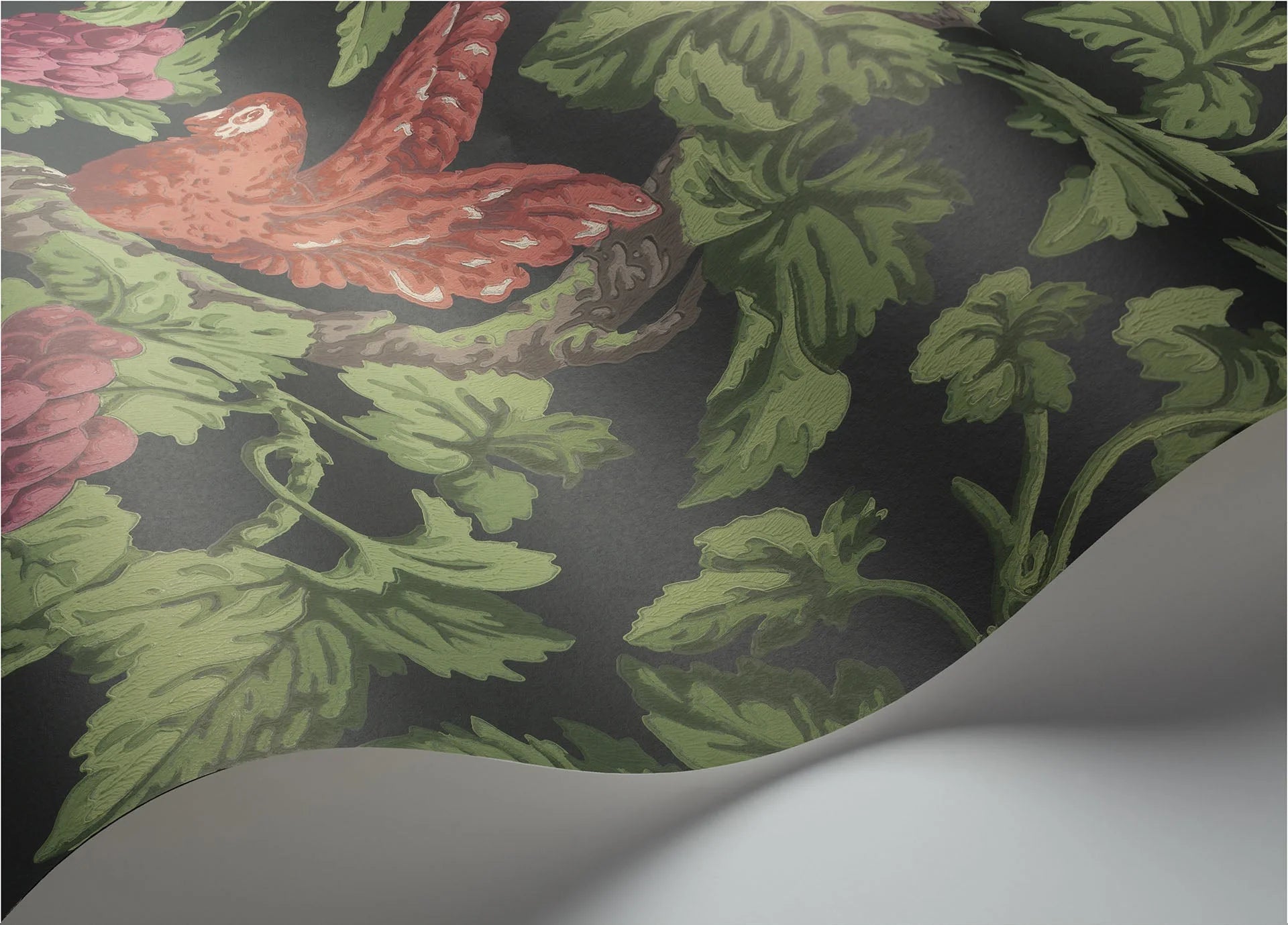 Cole & Son The Pearwood Collection.  Woodvale Orchard, Ruby, Rose & Olive Green on Charcoal