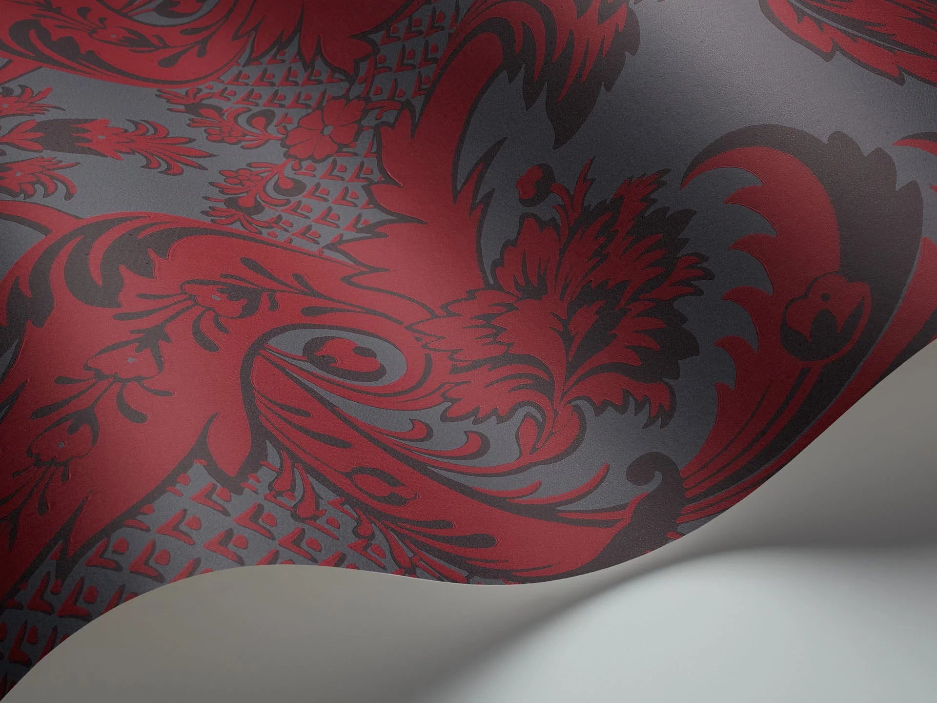 Cole & Son, Albemarie, Wyndham, Ruby & Charcoal on Slate Grey