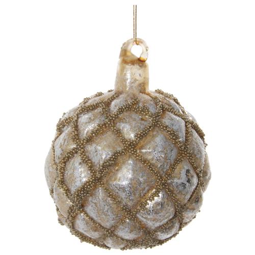 CHRISTMAS BALL ANTIQUE SILVER CHECKED WITH GOLD BEADS 6CM