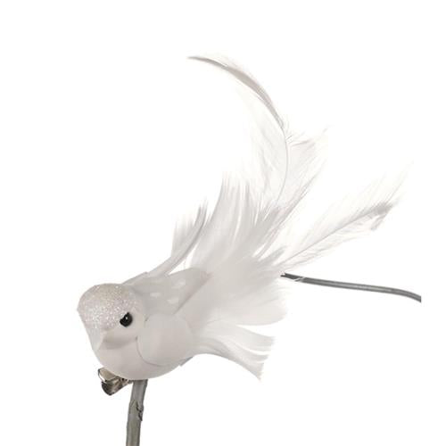 Kerstornament vogel op clip wit 10cm